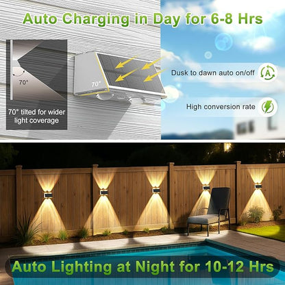 LANSOW Solar Fence Lights 2 Pack, Solar Powered Lights Outdoor Waterproof, 9-Mode Warm/Cool White & RGB Up-Down Led Spot Wall Lights Dusk to Dawn Decor for Backyard, Deck, Patio, Pool, Railing(White)