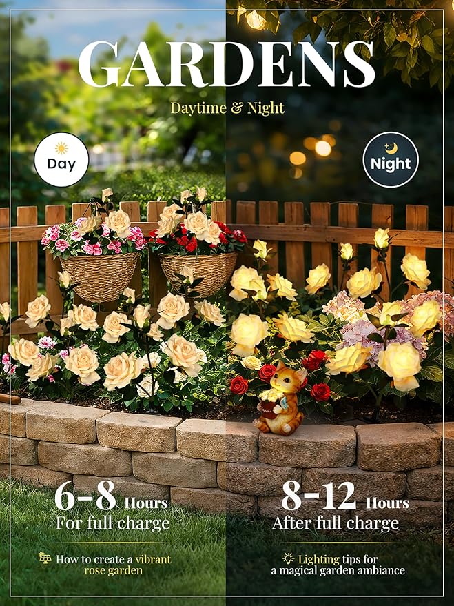 GIGALUMI Solar Lights Outdoor for Garden Decor, 3 Pack Solar Flower Lights Waterproof, 2 Lighting Modes 9 Rose Flowers for Pathway,Yard, Patio Decoration, Gardening Gifts for Women (Yellow)