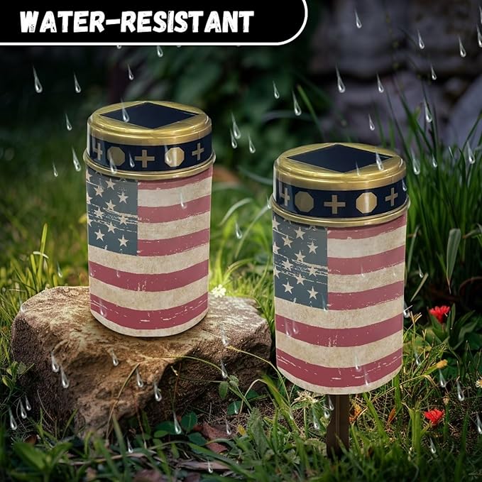 USA Flag Print Solar Pathway Lights Outdoor, Easy to Install Solar Lights Outdoor Waterproof, LED Solar Garden Lights Landscape Lighting for Walkway Lawn Yard