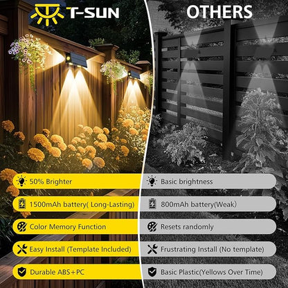 T-SUN Solar Fence Lights Outdoor 6 Pack, Solar Lights with Brighter LED Focus Lens, 8 Mode RGB Warm White Color Changing, Waterproof Fence Lights Solar Powered for Yard Patio Step Railing Pool Decor
