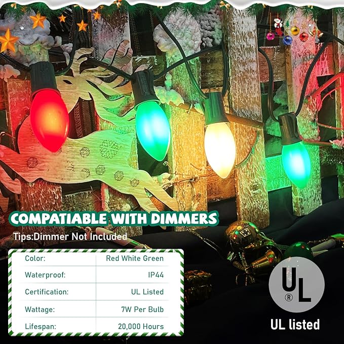 C9 Red White and Green Christmas Lights Outdoor, 25Ft Vintage Christmas String Lights with 26 Multicolor Ceramic | Lumora