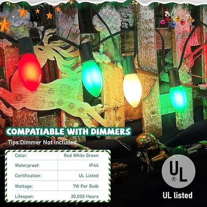 C9 Red White and Green Christmas Lights Outdoor, 25Ft Vintage Christmas String Lights with 26 Multicolor Ceramic Bulbs, Hanging Christmas Decorations Lights Waterproof for Holidays Roofline Party