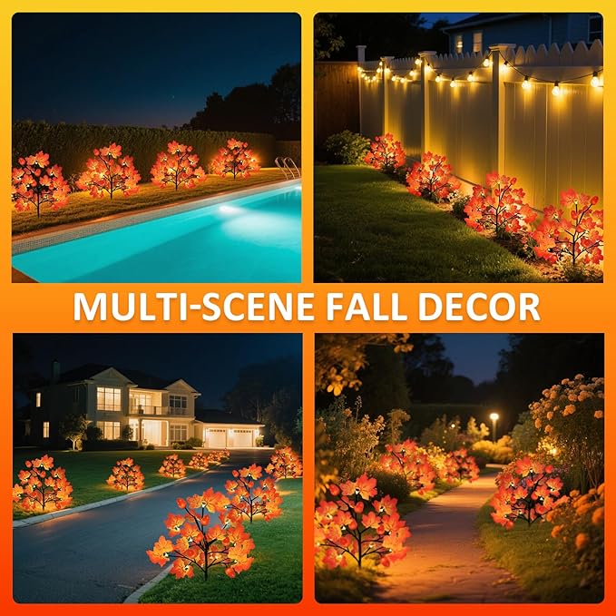 Fall Decorations Outdoor, 4-Pack 80LED Maple Leaf Acorn Yard Stake Lights, Waterproof Solar Fall Lights Thansgiving Decorations Outdoor for Yard, Garden, Pathway Harvest Holiday Fall Decor