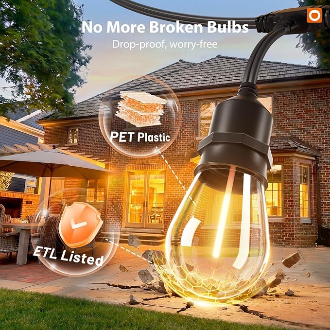 addlon 50FT Outdoor String Lights LED with Remote Dimmable Patio Lights Waterproof Shatterproof Edison Bulb for | Lumora