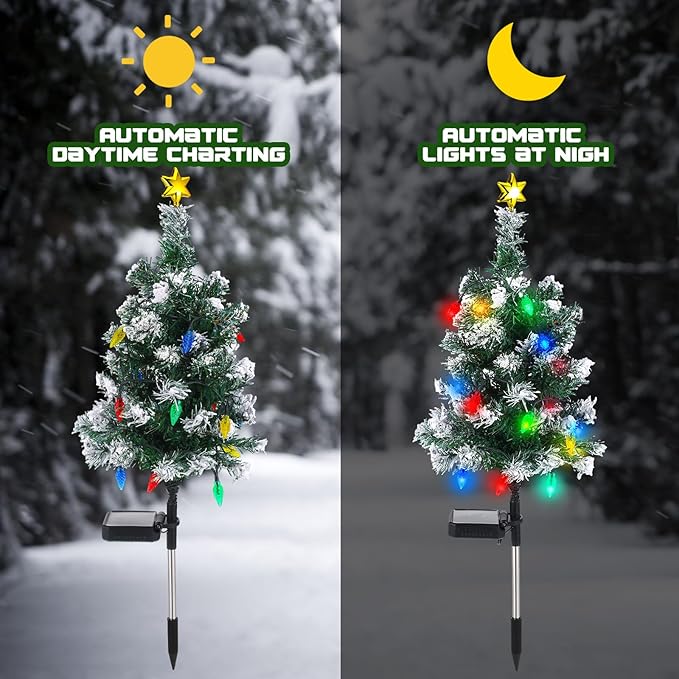 Baquler 2 Pcs Solar Christmas Tree Garden Stake Lights Outdoor Christmas Tree Lighted Yard Decorations Multicolor LED Solar Stakes for Pathway Lawn Patio Xmas Ornament(Strawberry)