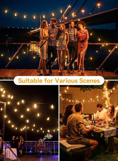 Ollny 15+1 LEDs ST38 Solar String Lights, 30 FT USB & Solar Dual Charging Outdoor String Lights, 3 Modes 5 Timers 10 Brightness 2200K Waterproof Patio Lights for Porch Garden Market Bistro Camping