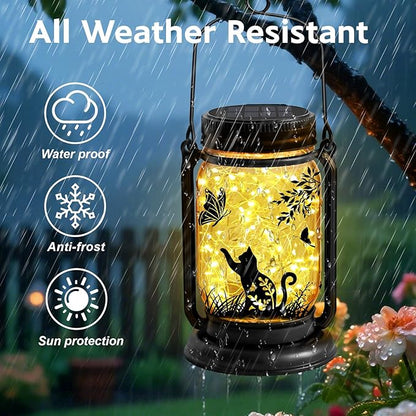 Cat Solar Lanterns 3-in-1 Outdoor Waterproof - Birthday Gifts for Cat Lovers Women Mom Christmas, Mason Jar Hanging Lanterns with Stake, Garden Decor Lights for Patio Yard Balcony Decorations