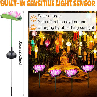 4 Pcs Solar Diwali Decoration Outdoor Diwali Lotus Lamp Decorations Solar Pathway Lights LED Waterproof Lotus Lights with Water Lily Outdoor Decor Garden Indian Temples Pooja Gifts
