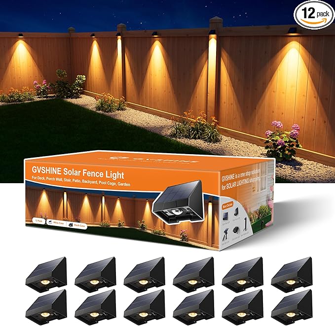 12 Pack Decorative Solar Powered Fence Lights Outdoor Waterproof with Warm White LED Spot Lens, for Outside Wall | Lumora