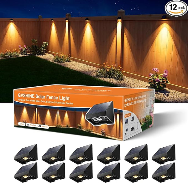 12 Pack Decorative Solar Powered Fence Lights Outdoor Waterproof with Warm White LED Spot Lens, for Outside Wall | Lumora