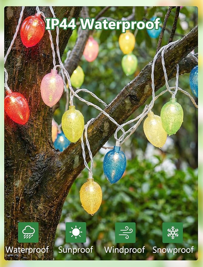 8.5Ft Easter Egg String Lights Plug in, Outdoor Easter Decorations String Lights with 10 LED Multicolor Glitter Egg Light, Hanging Pastel Easter Lights for Indoor Home Spring Patio Garden Party Decor