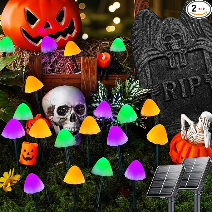 OZS 2PK 55FT 32LED Halloween Orange Purple and Green Solar Mushroom Lights Outdoor, Solar String Light with 8 Lighting Modes Auto On/Off, Halloween Garden Lights for Witch Decorations