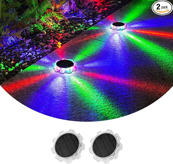 Solar Lights Outdoor 2 Pack, IP65 Waterproof RGB Multi-Color Auto On/Off LED Fence & Ground Lights for Garden, Pathway, Patio, Deck Landscape Lighting