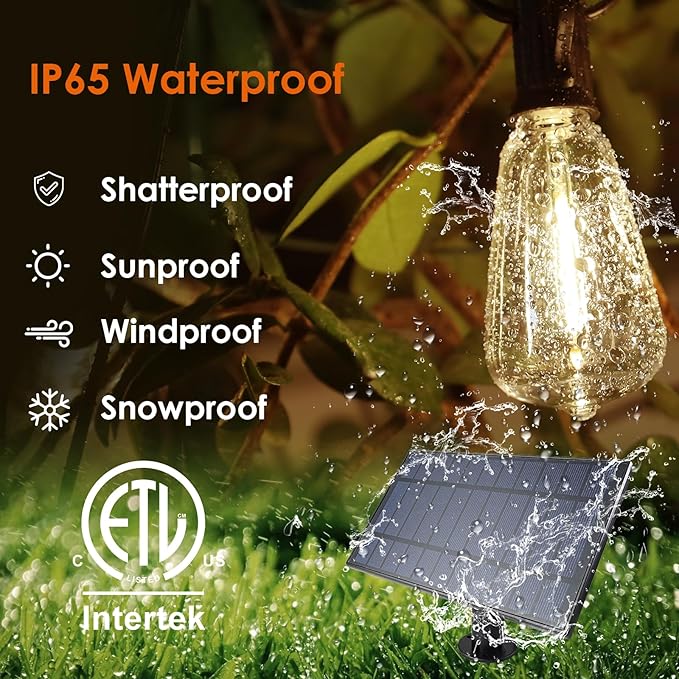 120FT Solar String Lights Outdoor,Solar Patio Lights Waterproof with Remote & 40+2 Dimmable ST38 Shatterproof LED | Lumora