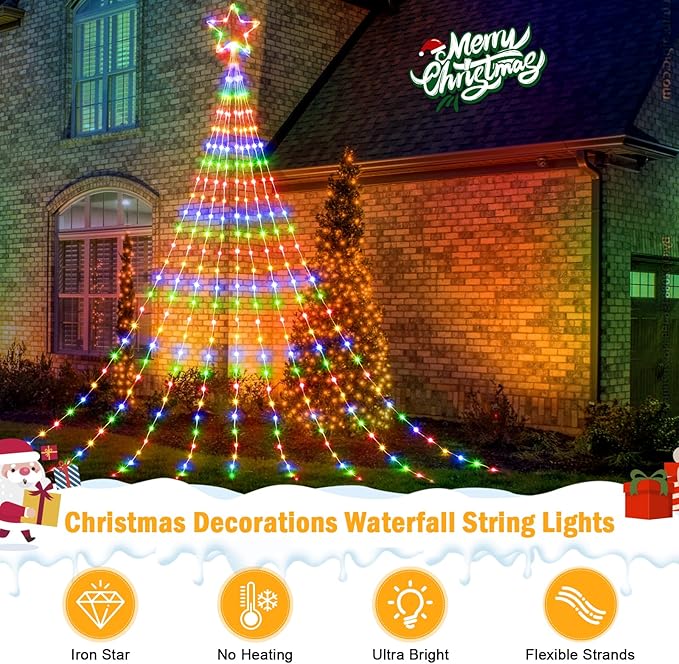 Brightown Christmas Decorations Star String Lights - 660 LED 24ft 9 Strands Waterfall Tree Lights with Topper Star, 8 Lighting Modes Multicolor for Indoor Outdoor Decorative Wedding Yard Party Home