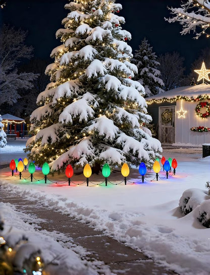 C9 LED Pathway Lights 7Ft Christmas Pathway Lights, Multicolor Walkway Light Outdoor with 4 Marker Stakes Connectable Holiday Commercial Christmas Decoration UL Listed - Green Wire