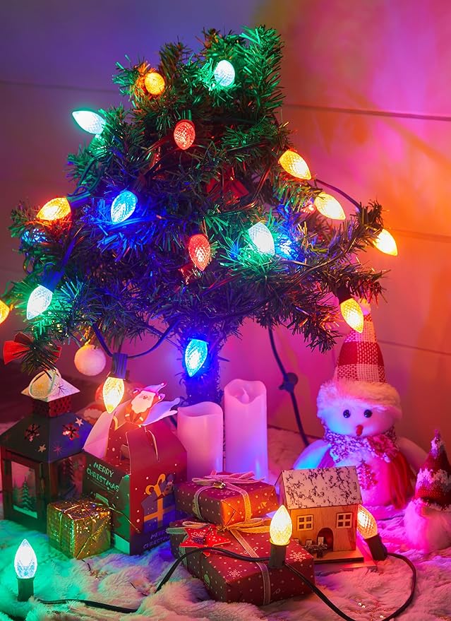 Multicolor C7 LED Christmas Lights Outdoor, 34FT Colorful Christmas String Lights with 50+2 Plastic Bulbs, Traditional Hanging Holiday Lights for Christmas Tree Patio Fence Roofline Xmas Decorations