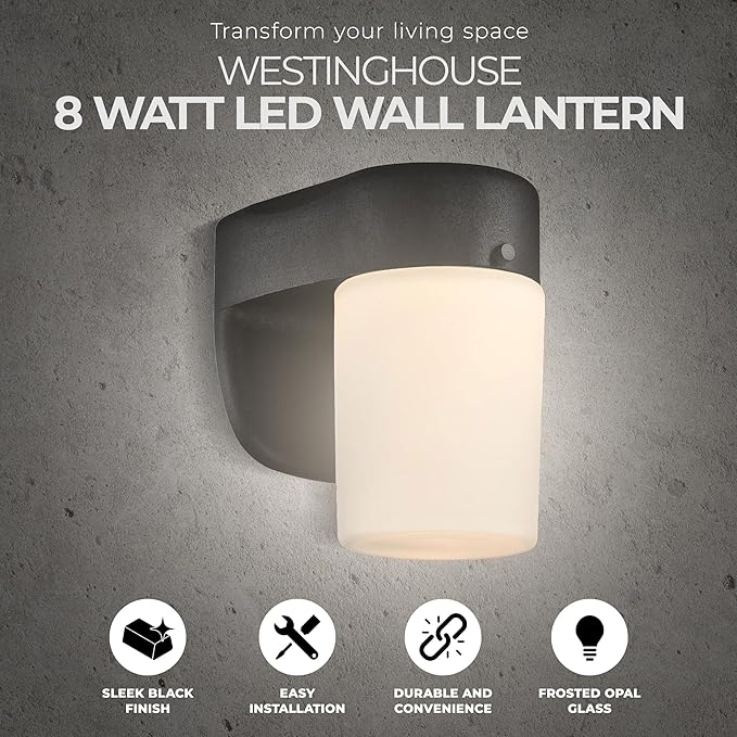 6106700 One-Light Dimmable LED Outdoor Wall Fixture with Dusk to Dawn Sensor, Black Finish with Frosted Opal Glass | Lumora