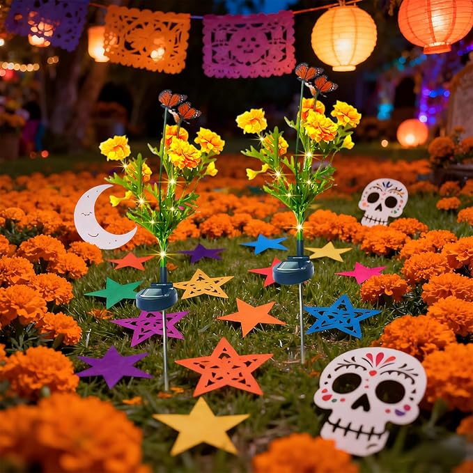 Solar Marigold Garden Lights, 2 Pack Solar Swaying Monarch Butterfly Lights with Flowers,Artificial Flower Lights for Halloween & Día de Los Muertos (Day of The Dead) Decorations
