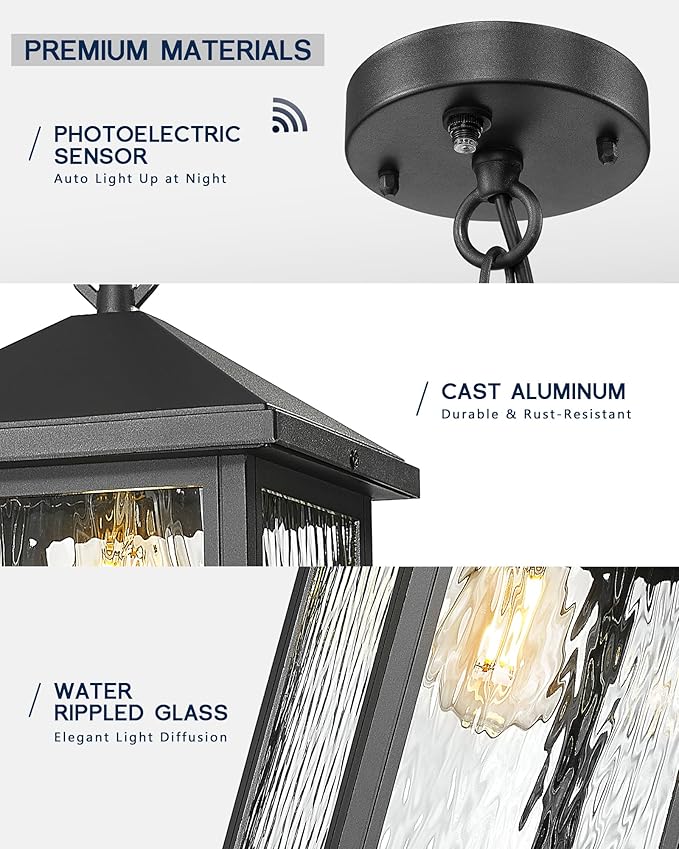 FEMILA Dusk to Dawn Outdoor Pendant Lights for Porch, 14.5" Mondern Pendant Hanging Light Fixture for Porch, Front | Lumora