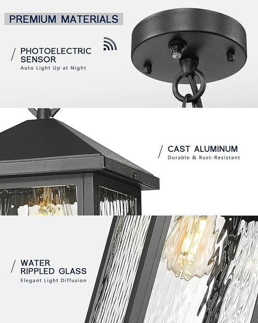 FEMILA Dusk to Dawn Outdoor Pendant Lights for Porch, 14.5" Mondern Pendant Hanging Light Fixture for Porch, Front Door, Kitchen Island, Adjustable Height, 4FYX101HL PC BK SW