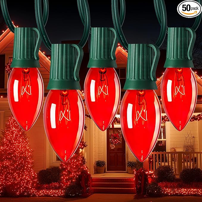 Minetom C9 Christmas String Light Red, 50ft Vintage Christmas Tree Lights, Outdoor Roofline String Lights with 50+2 Red Bulbs for Patio Garden Holiday Indoor Home Xmas Decoration, Green Wire