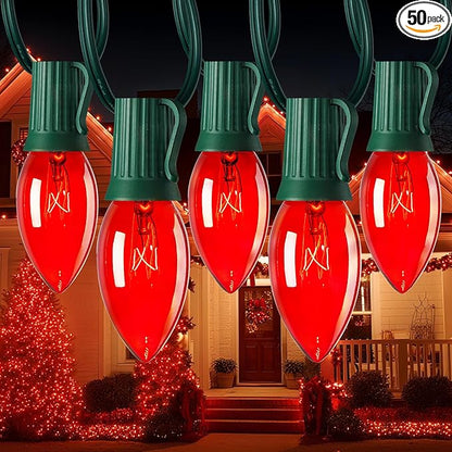Minetom C9 Christmas String Light Red, 50ft Vintage Christmas Tree Lights, Outdoor Roofline String Lights with 50+2 Red Bulbs for Patio Garden Holiday Indoor Home Xmas Decoration, Green Wire