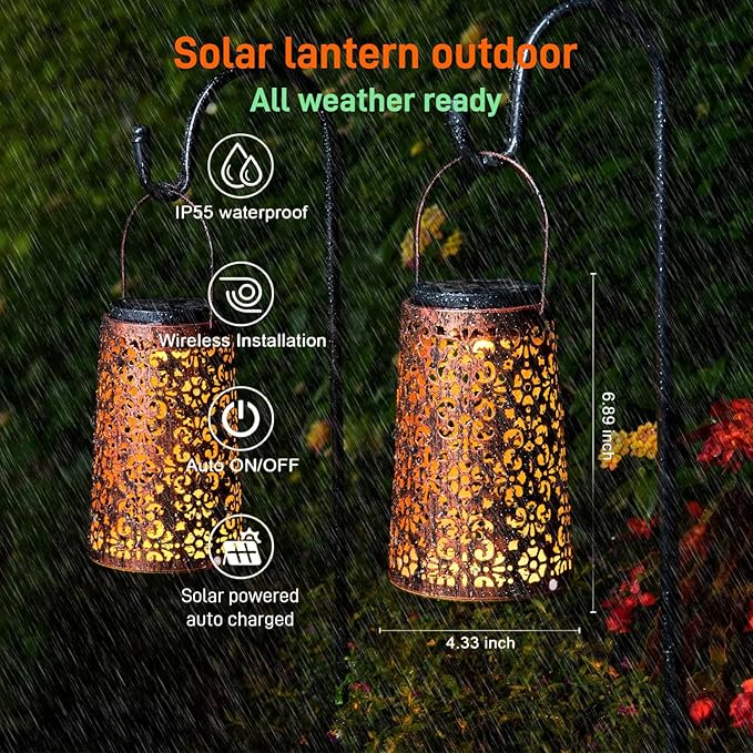 Solar Lanterns Outdoor Hanging, 2 Pack - Metal Waterproof Solar Lights Outdoor Decorations for Patio Table Lamps, Durable, Beautiful Lighting for Garden Lawn, Pathway, Tree, Wall, and Tabletop