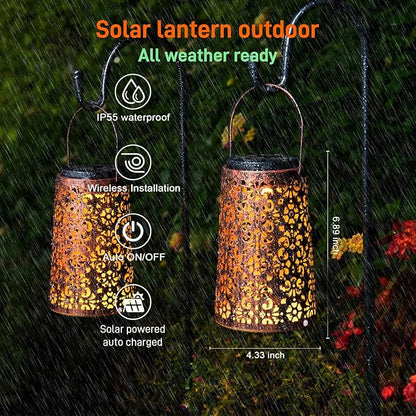 Solar Lanterns Outdoor Hanging, 2 Pack - Metal Waterproof Solar Lights Outdoor Decorations for Patio Table Lamps, Durable, Beautiful Lighting for Garden Lawn, Pathway, Tree, Wall, and Tabletop