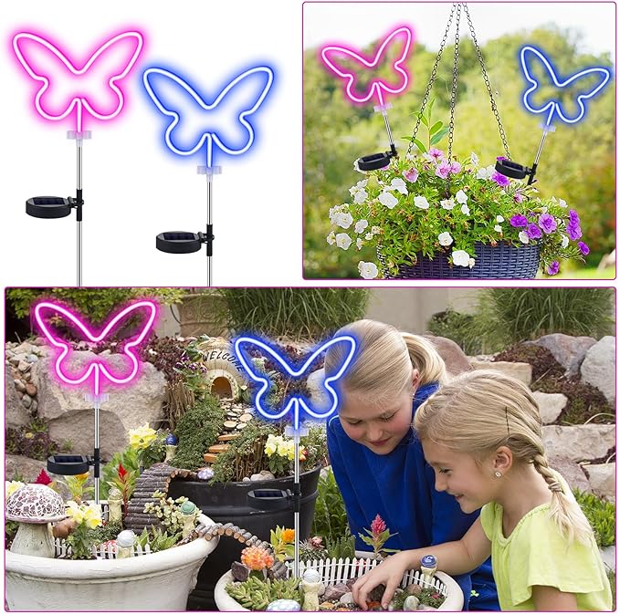 2 Pcs Butterfly Solar Lights Outdoor Decor Butterfly Neon Lights Yard Solar Lights for Outside Waterproof Decorations with Stake for Garden Patio Yard Pathway Decoration Gardening Gifts