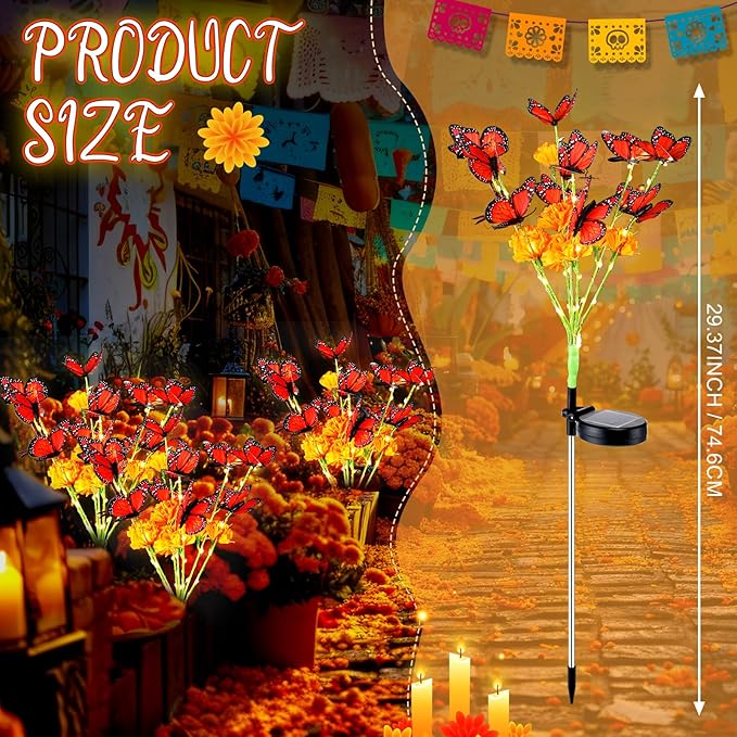 Riakrum 12 Pack Dia De Los Muertos Outdoor Decorations, Solar Marigold Lights with Monarch Butterflies Garden | Lumora