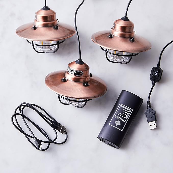 Barebones Edison Pendant String Lights - Copper, 3 Edison-Style LED Bulbs with 10-Foot Cord, Energy-Efficient Outdoor Lanterns for Patio, Garden, or Indoor Decor