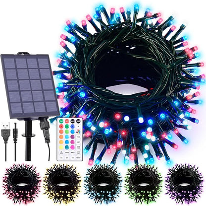 59Ft Solar String Lights Outdoor Waterproof, 18 Colors Changing 150 LED Christmas Lights Solar Powered & USB with Remote, Multicolor Fairy Lighting for Outside Tree Yard Indoor Halloween Decor