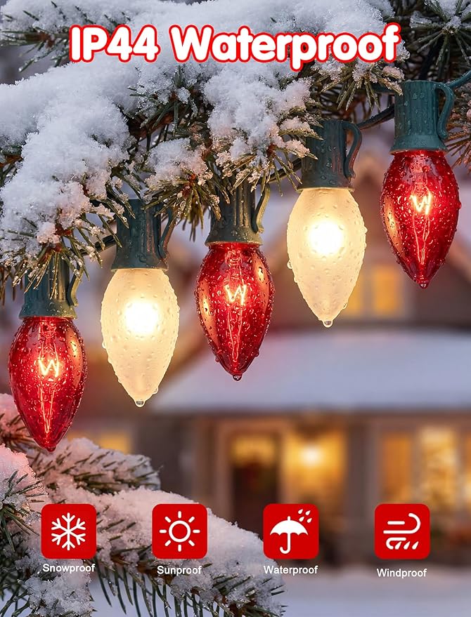 25Ft C9 Christmas Lights Outdoor, Vintage Multicolor String Lights with 26 C9 Clear Red/Frosted White Bulbs for Christmas Tree, Roofline, Garden, Patio, Cafe, Xmas Decorations