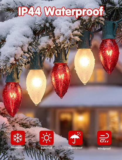 25Ft C9 Christmas Lights Outdoor, Vintage Multicolor String Lights with 26 C9 Clear Red/Frosted White Bulbs for Christmas Tree, Roofline, Garden, Patio, Cafe, Xmas Decorations