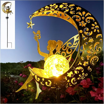 Solar Angel & Fairy Moon Waterproof Lights, Outdoor Garden Statues Decor, Outside Metal Yard Art Ornaments for Patio Lawn, Unique Gardening Gifts for Women Mom Grandma