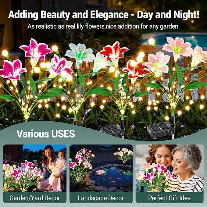 WdtPro Upgraded Solar Garden Lights Outdoor: 4 Pack 2-in-1 Solar Firefly Swaying Light with Lily Flower and Glowing | Lumora