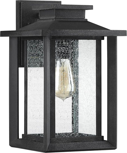 Quoizel Wakefield Vintage Wall Sconce, Coastal Armour 14 Inch 1-Light Earth Black Wall Lantern, Clear Seedy Glass Light Fixtures, 100W Medium Base Bulb, Outside Lights for Patio, Porch or Garage