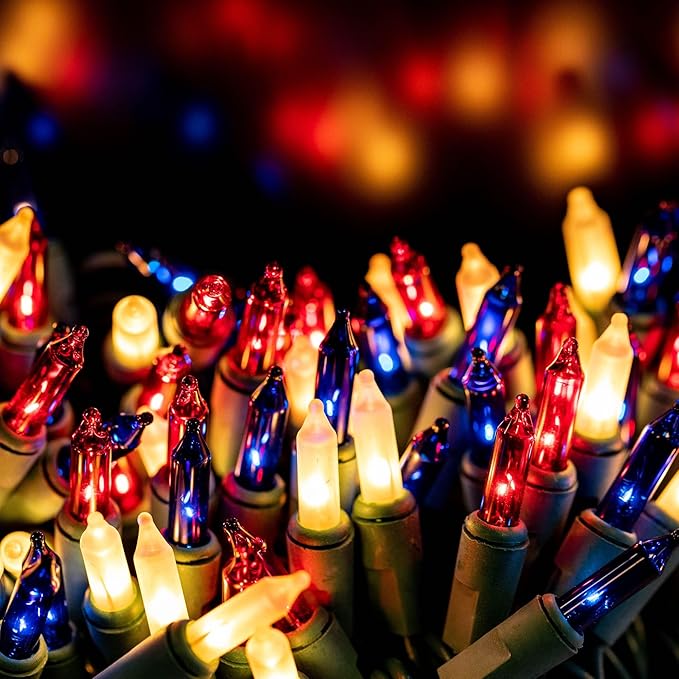 Novelty Lights 50 Feet 100 Bulbs Traditional Incandescent Mini Lights, Red/White/Blue on Green Wire with 6" Spacing, Commercial Grade and UL Listed for Indoor/Outdoor Use, End-to-End Connectable