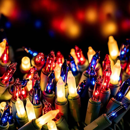 Novelty Lights 50 Feet 100 Bulbs Traditional Incandescent Mini Lights, Red/White/Blue on Green Wire with 6" Spacing, Commercial Grade and UL Listed for Indoor/Outdoor Use, End-to-End Connectable