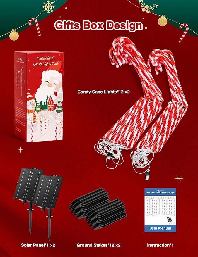 COOLWUFAN 24 Pack 28" Solar Candy Cane Path Lights Christmas Decorations, 4 Brightness Levels 264 Bright LEDs | Lumora