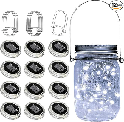 YJFWAL Mason Jar Solar Lights, 12 Pack 30 LED Mason Jar Solar Fairy Lights(No Jars), Firefly Lid Light with Hangers for Garden,Patio,Yard,Party,Birthday,Wedding, Christmas Decoration