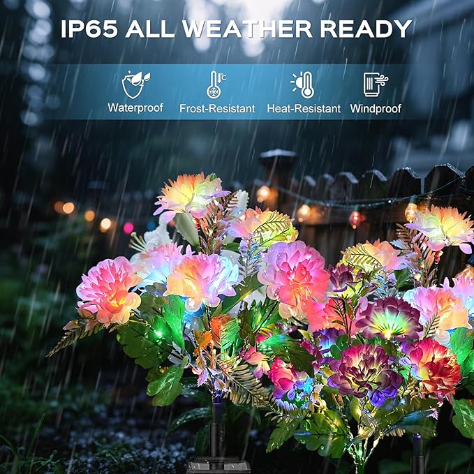 2 Pack Solar Garden Lights Outdoor, LED Colorful Waterproof Solar Powered Chrysanthemum Flowers Landscape Lights for Patio, Outside Yard, Pathway Decorative, Décor, Gifts, Two Lighting Modes