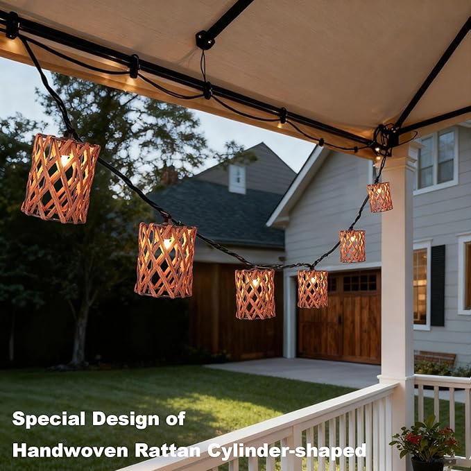 Decorative String Lights Plug in with 10 Incandescent Bulbs, Handwoven Rattan Cylinder-shaped Boho Lantern String Lights Connectable Weatherproof Outdoor Indoor for Bedroom Patio Pergola Decor (Brown)