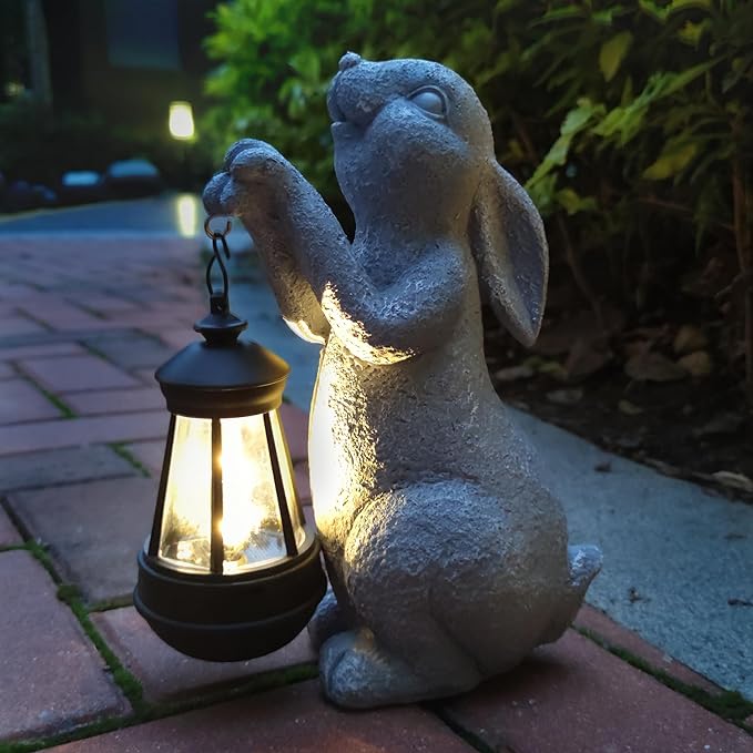 Rabbit Solar Garden Outdoor Statues,Resin Rabbit Figurine Decorations with Solar Lights Lantern, Outdoor Resin Bunny Decor for Lawn,Yard, Unique Housewarming Gift for Garden Home
