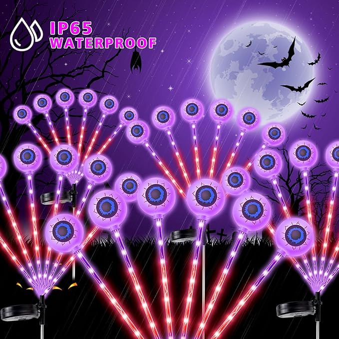 Halloween Decorations Outdoor, Solar Scary Eyeball Lights Swaying by Wind, Purple Solar Lights Outdoor Waterproof, Solar Pathway Firefly Lights, Halloween Decor for Yard, Lawn, Garden
