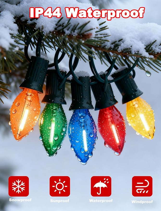 C7 LED Christmas Lights, 25Ft C7 Multicolor String Lights with 27 Clear Bulbs, LED String Lights for Christmas Tree Decor Patio, 0.6 Watt E12 Candelabra Base