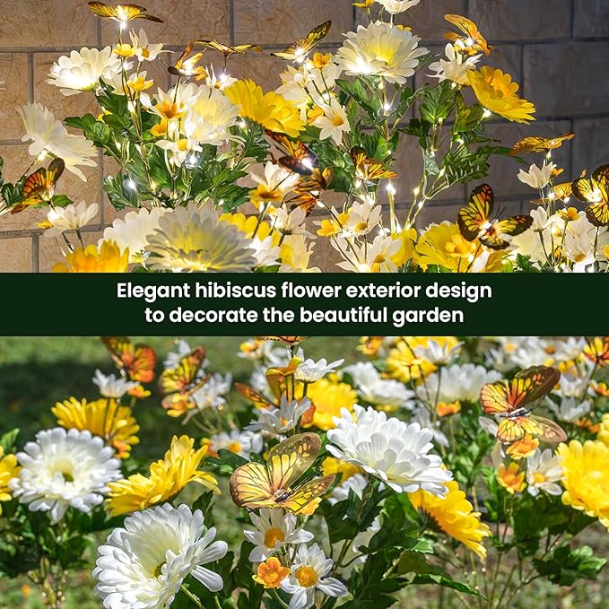 Solar Garden Light 4 Packs, 120 LEDs Outdoor Solar Lighting with Daisy and Butterfly, Waterproof Outdoor Garden Light for Patio, Courtyard, Pathway Decoration (Yellow)