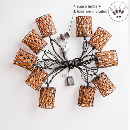 Decorative String Lights Plug in with 10 Incandescent Bulbs, Handwoven Rattan Cylinder-shaped Boho Lantern String Lights Connectable Weatherproof Outdoor Indoor for Bedroom Patio Pergola Decor (Brown)