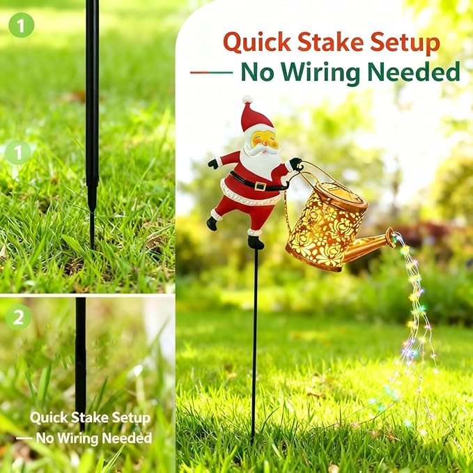 Christmas Santa Solar Kettle Light, IP65 Waterproof Santa Solar Garden Lights Outdoor, Cute Santas Solars Watering Can Cascading Light LED, Novelty Santas Solars Christmas Decorations Night Lights